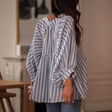 Women's Stripe Blouse Puff Long Sleeves Lightweight Button Down Tops for Casual Office Wear