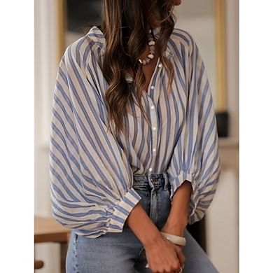 Women's Stripe Blouse Puff Long Sleeves Lightweight Button Down Tops for Casual Office Wear