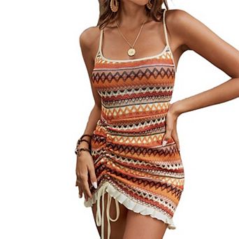 Women’s Bohemian Backless Dress Spaghetti Strap Halter Knit Dresses With Side Drawstring