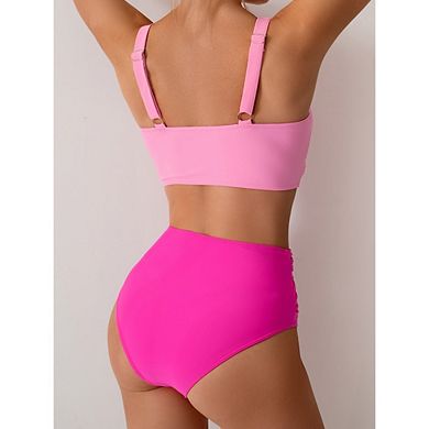 Womens 2 Piece Swimsuit V Neck Twist Front Ruch Tummy Control Crisscross Back Straps for Beach