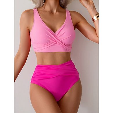 Womens 2 Piece Swimsuit V Neck Twist Front Ruch Tummy Control Crisscross Back Straps for Beach