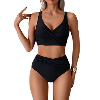 Womens 2 pc Swimsuit V Neck Twist Front Ruch Tummy Control Crisscross Back Straps for Beach