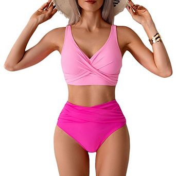 Womens 2 pc Swimsuit V Neck Twist Front Ruch Tummy Control Crisscross Back Straps for Beach