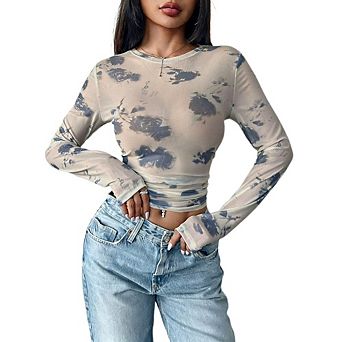 Women's Y2K Floral Sheer Mesh Crop Top Long Sleeve Ruched Waist Casual Blouse