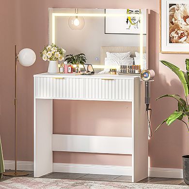 Modern Fluted Makeup Vanity Desk with Large LED Lighted Mirror Adjustable 3-Color Lighting