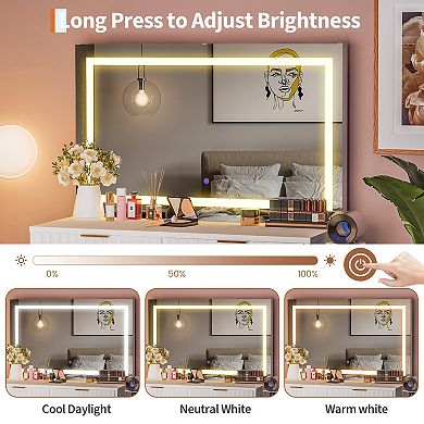 Modern Fluted Makeup Vanity Desk with Large LED Lighted Mirror Adjustable 3-Color Lighting