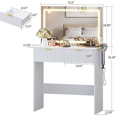 Modern Fluted Makeup Vanity Desk with Large LED Lighted Mirror Adjustable 3-Color Lighting