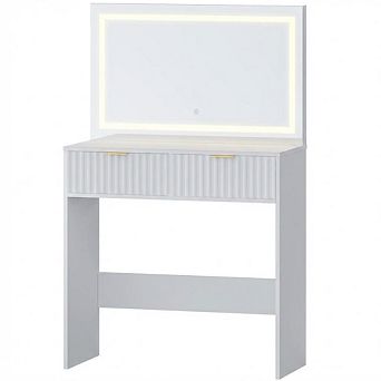 Modern Fluted Makeup Vanity Desk with Large LED Lighted Mirror Adjustable 3-Color Lighting