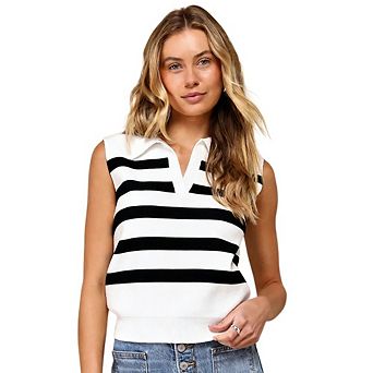 Women's Casual Dressy Sleeveless Knit Sweater Vest Stripe Polo V Neck Ribbed Hem Tops