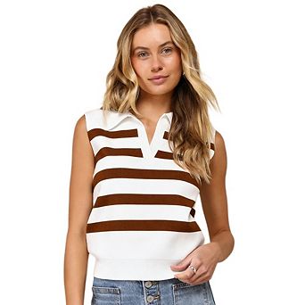 Women's Casual Dressy Sleeveless Knit Sweater Vest Stripe Polo V Neck Ribbed Hem Tops