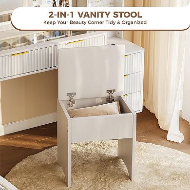 Vanity Desk with Lighted Mirror, Glass Top Dressing Table with Charging Station and Storage Stool