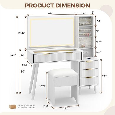 Vanity Desk with Lighted Mirror, Glass Top Dressing Table with Charging Station and Storage Stool