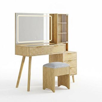 Vanity Desk with Lighted Mirror, Glass Top Dressing Table with Charging Station and Storage Stool