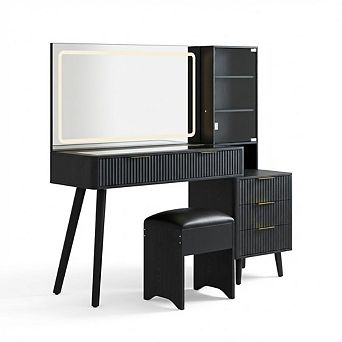 Vanity Desk with Lighted Mirror, Glass Top Dressing Table with Charging Station and Storage Stool