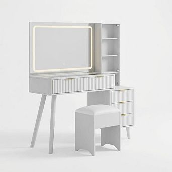 Vanity Desk with Lighted Mirror, Glass Top Dressing Table with Charging Station and Storage Stool