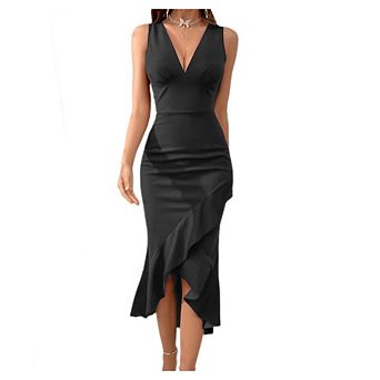 Womens Formal Bodycon Midi Dress Sleeveless V Neck Ruffle Trim High Low Hem Cocktail Party Sundress