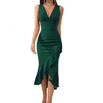 Womens Formal Bodycon Midi Dress Sleeveless V Neck Ruffle Trim High Low Hem Cocktail Party Sundress
