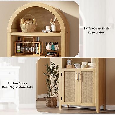 Arched Kitchen Pantry 5Tier Open Shelf with Rattan Natural Farmhouse