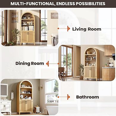 Arched Kitchen Pantry 5Tier Open Shelf with Rattan Natural Farmhouse
