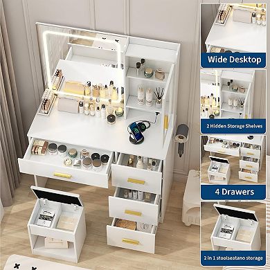 Modern Vanity Desk with Mirror & LED Lights - Built-in Outlets - Storage Stool & Hair Dryer Holder