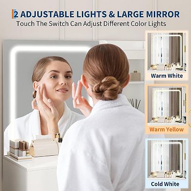 Modern Vanity Desk with Mirror & LED Lights - Built-in Outlets - Storage Stool & Hair Dryer Holder