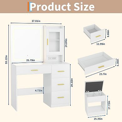 Modern Vanity Desk with Mirror & LED Lights - Built-in Outlets - Storage Stool & Hair Dryer Holder