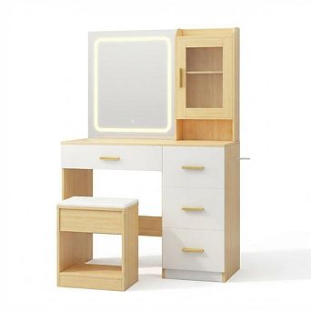 Modern Vanity Desk with Mirror & LED Lights - Built-in Outlets - Storage Stool & Hair Dryer Holder