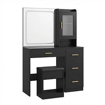 Modern Vanity Desk with Mirror & LED Lights - Built-in Outlets - Storage Stool & Hair Dryer Holder