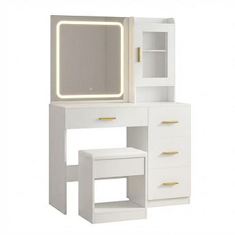Modern Vanity Desk with Mirror & LED Lights - Built-in Outlets - Storage Stool & Hair Dryer Holder