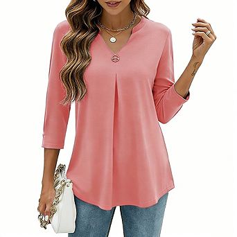 Womens 3/4 Sleeve Blouse Dressy Casual V Neck Flowy Shirts Business Tunic Tops