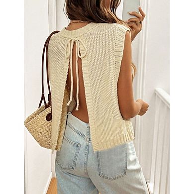 Women's Sleeveless Knit Vest Back Tie Open Back Round Neck Casual Sweater Vest