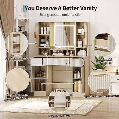 Modern Vanity Desk with Mirror and Adjustable 3-Color LED Lights, Makeup Dressing Table