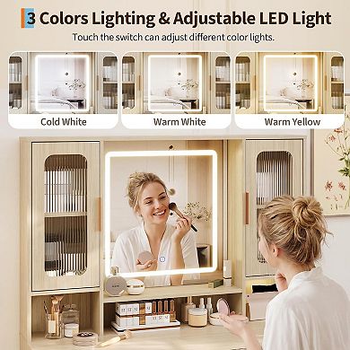 Modern Vanity Desk with Mirror and Adjustable 3-Color LED Lights, Makeup Dressing Table