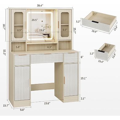 Modern Vanity Desk with Mirror and Adjustable 3-Color LED Lights, Makeup Dressing Table
