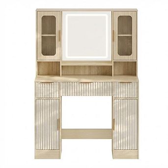 Modern Vanity Desk with Mirror and Adjustable 3-Color LED Lights, Makeup Dressing Table