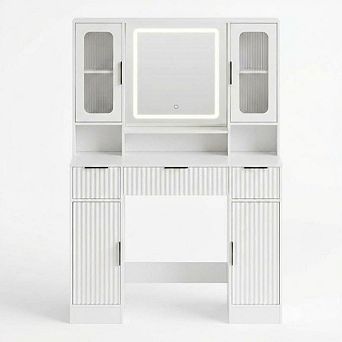 Modern Vanity Desk with Mirror and Adjustable 3-Color LED Lights, Makeup Dressing Table