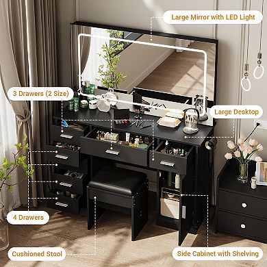 Makeup Vanity Desk with Large Dimmable Mirror, 7 Drawers & Chair, 3 Lighting Modes,Charging Station