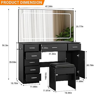 Makeup Vanity Desk with Large Dimmable Mirror, 7 Drawers & Chair, 3 Lighting Modes,Charging Station
