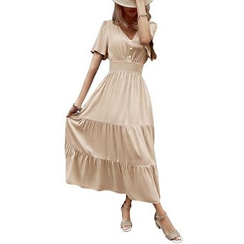 Women's Tiered Midi Dress V-Neck Flutter Short Sleeves Smocked Waist for Casual Beach Wear