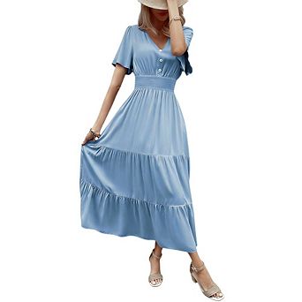 Women's Tiered Midi Dress V-Neck Flutter Short Sleeves Smocked Waist for Casual Beach Wear