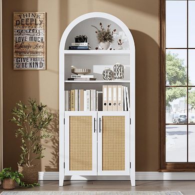 Arched Kitchen Pantry 5Tier Open Shelf with Rattan White Farmhouse