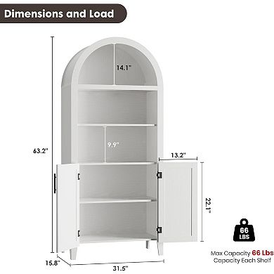 Arched Kitchen Pantry 5Tier Open Shelf with Rattan White Farmhouse