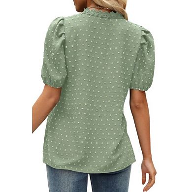 Women's Elegant Blouse Puff Short Sleeve Swiss Dot Lace Trim Top for Casual Work Office