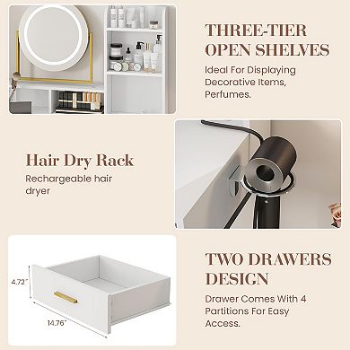 Makeup Vanity Desk with Adjustable Rotating Mirror, Large Dressing Table with 2 Drawers & Stool