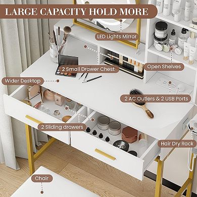 Makeup Vanity Desk with Adjustable Rotating Mirror, Large Dressing Table with 2 Drawers & Stool