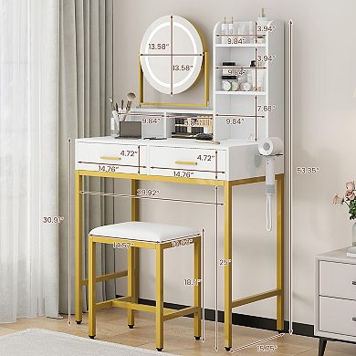 Makeup Vanity Desk with Adjustable Rotating Mirror, Large Dressing Table with 2 Drawers & Stool