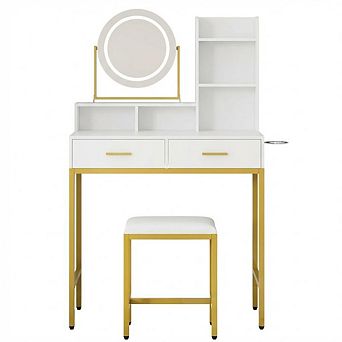 Makeup Vanity Desk with Adjustable Rotating Mirror, Large Dressing Table with 2 Drawers & Stool
