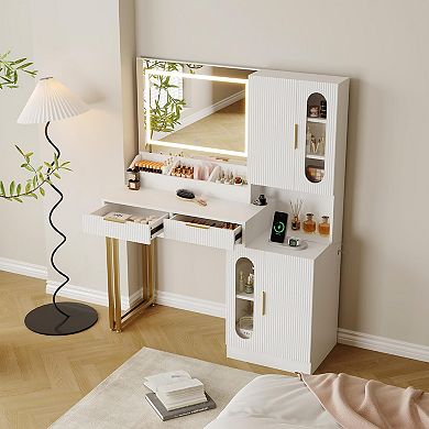 Fluted Vanity with Mirror and Lights, Wooden Vanity Desk, Makeup Table with Charging Station