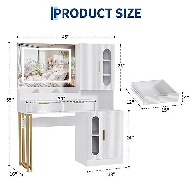Fluted Vanity with Mirror and Lights, Wooden Vanity Desk, Makeup Table with Charging Station