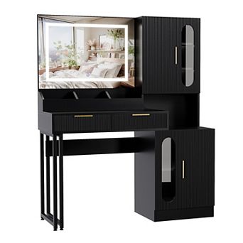 Fluted Vanity with Mirror and Lights, Wooden Vanity Desk, Makeup Table with Charging Station